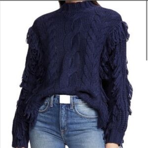 525 America Navy Fringe Cable Knit Sweater